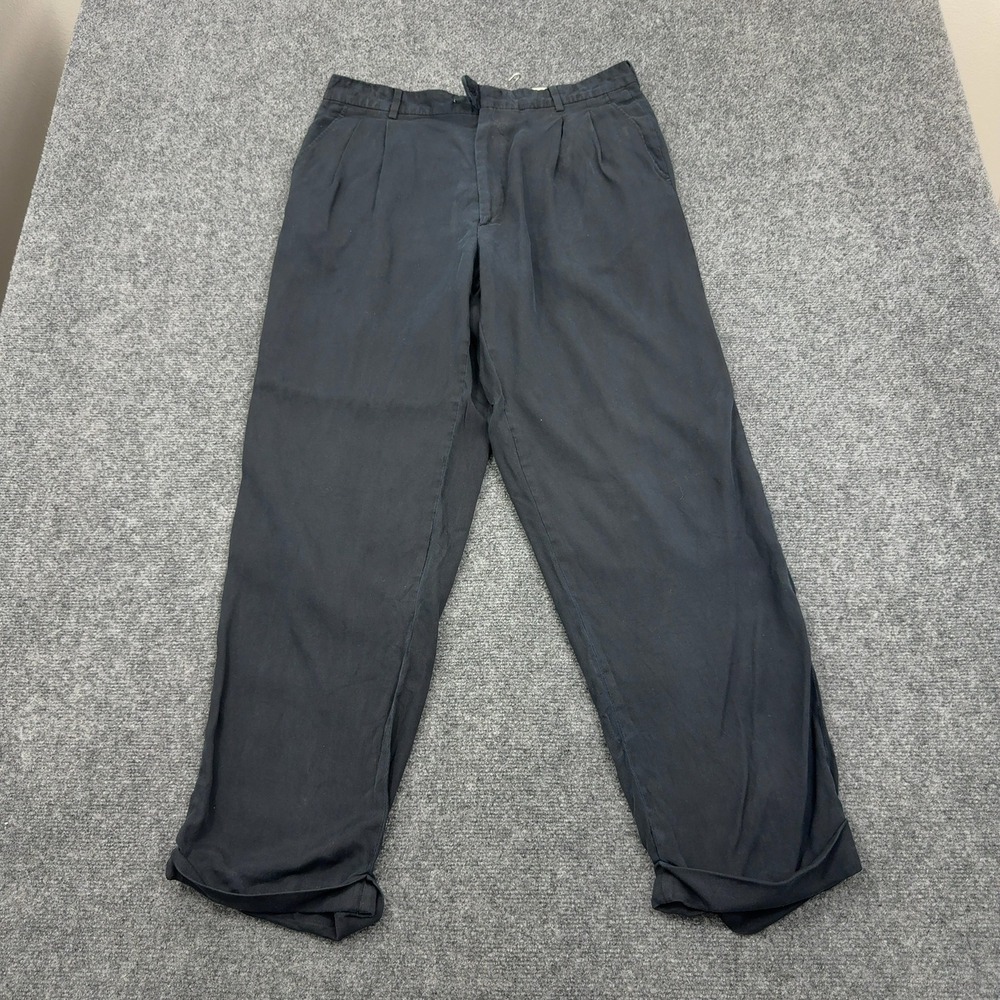 Vintage Bill Blass Pants Mens 35 Black Sandwash Silk Pleated Cuffed Luxury Style